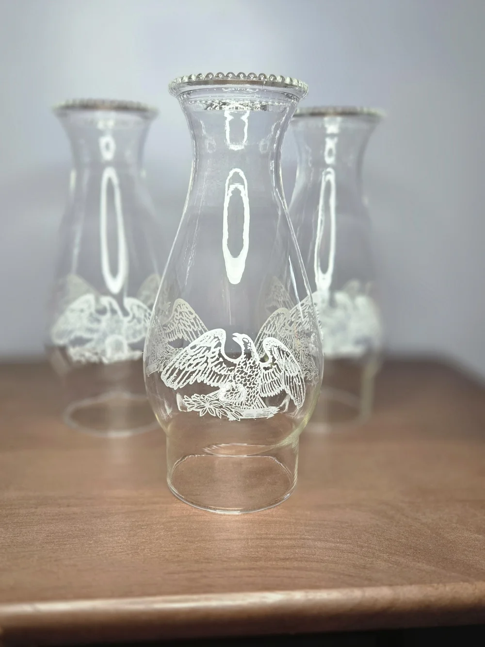 Clear Glass Hurricane Vase with White Etched Eagle Motif Set Of 3